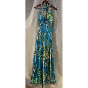 Vintage Cache Silk Halter Maxi Dress Beaded Floral Y2K Prom Formal Glam Size 2